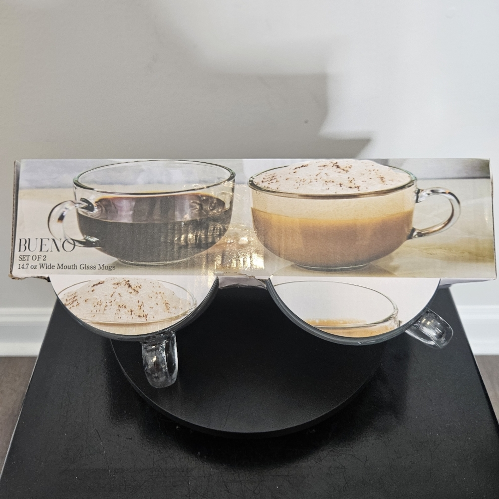 Bueno Set Of 2 14.7oz‎ Wide Mouth Glass Mugs NWT